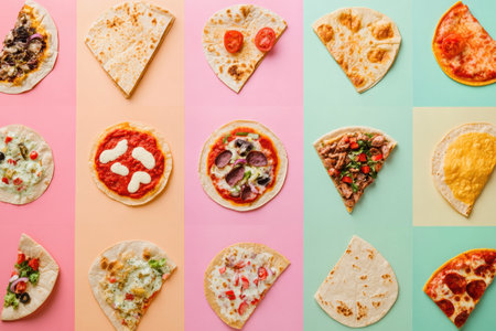 A vibrant assortment of tacos and pizza pieces is displayed in a geometric layout at a bustling street market, enticing hungry visitors.の素材