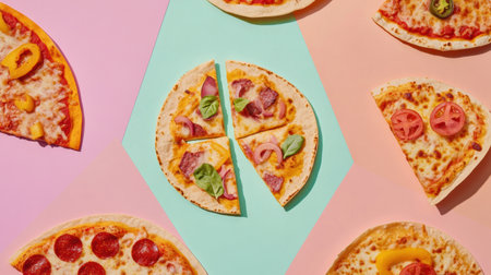 Tacos and pizza are artfully arranged in geometric shapes at a lively outdoor market, enticing visitors with their flavors and colors.の素材