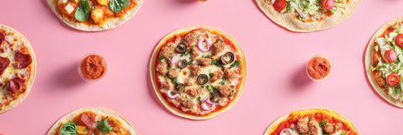 Tacos and pizzas are artistically laid out in a geometric arrangement, highlighting the colorful variety of street food available.の素材