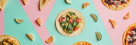 A colorful presentation showcases tacos and pizza geometrically arranged with fresh lime and lemon garnishes at a bustling food market.の素材