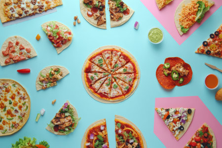 A vibrant layout of tacos and pizza pieces showcases the diversity of street food, arranged neatly on a bright blue surface.の素材
