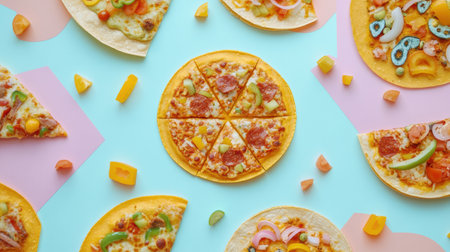 Street food items including tacos and pizza are creatively arranged in geometric patterns on a colorful surface during a daytime gathering.の素材