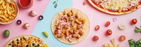 Tacos with grilled chicken, pizza with cheese, and crispy fries are artistically arranged on a lively, colorful table.の素材
