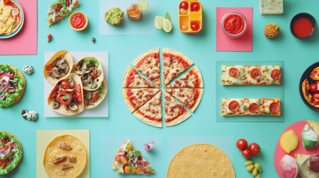 A variety of street food items like tacos, pizza, and fresh ingredients are beautifully arranged on a colorful tabletop at a bustling market.の素材