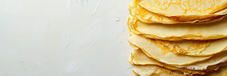 Freshly made golden crepes are stacked neatly on a white surface, inviting indulgers to enjoy them with various toppings.の素材