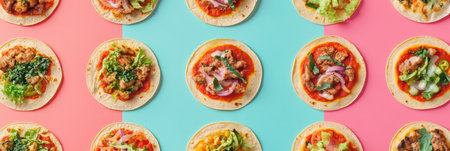 A colorful assortment of tacos and pizza is displayed in a geometric layout, showing diverse ingredients and tempting flavors.の素材
