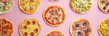 Delicious street food features a variety of tacos and pizzas, beautifully arranged in geometric patterns at a lively market setting.の素材