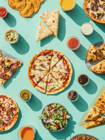 A colorful assortment of street food, including tacos, pizza slices, and salads, creatively arranged on a turquoise surface.の素材