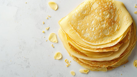 Deliciously golden crepes stacked neatly, perfect for serving with various toppings or enjoying plain in a cozy kitchen setting.の素材