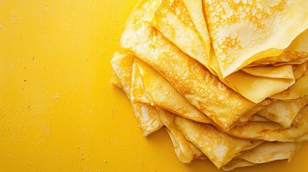 A stack of golden-brown crepes sits invitingly on a yellow background, ideal for breakfast, dessert, or savory fillings.の素材