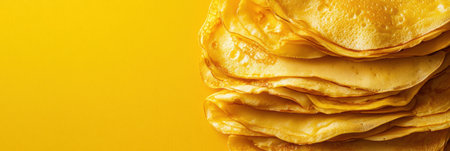 A delightful stack of warm, golden crepes sits invitingly against a bright yellow backdrop, perfect for enjoying with sweet or savory toppings.の素材