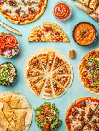 A delicious array of tacos and pizza is artistically arranged on a bright blue surface, showing vibrant ingredients and flavors.の素材
