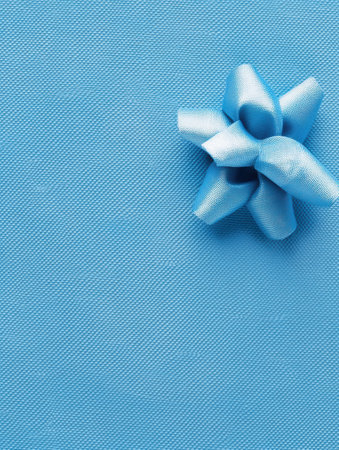 A charming blue bow is placed in the corner, accentuating the soft texture of the light blue wrapping-inspired background.の素材