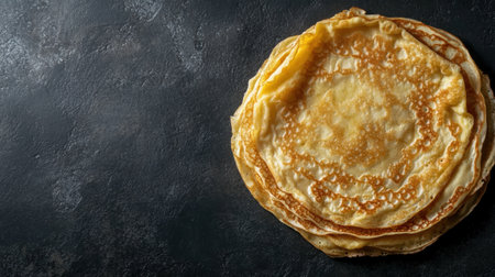 A delicious stack of golden crepes awaits, perfectly arranged on a dark surface, ideal for a delightful breakfast or dessert.の素材