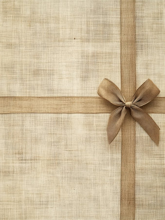 A beautifully wrapped gift features a small bow, resting elegantly on a subtly textured background, ideal for various festive events.の素材