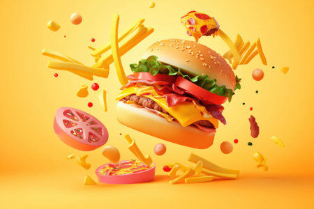 Bright yellow backdrop showcases playful, abstract representations of burgers, pizza, and fries in an engaging, creative arrangement.の素材