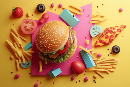 Brightly colored fast food icons display a burger, pizza, and fries against a lively yellow backdrop, highlighting playful culinary art.の素材