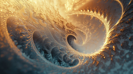Delicate frosty patterns swirl gracefully, showing intricate designs illuminated by warm golden tones in a winter setting.の素材