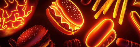 Bright neon designs showcase iconic fast-food items like burgers, hot dogs, and fries against a contrasting dark backdrop.の素材