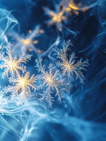 Delicate snowflakes twinkle amidst swirling blue textures, creating a magical winter atmosphere filled with elegance.の素材