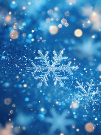 Glistening snowflakes float in a rich blue backdrop, surrounded by shimmering light particles, evoking a sense of winter enchantment.の素材