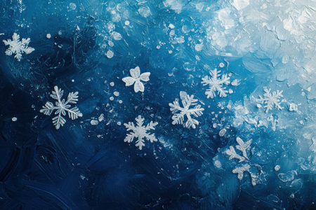Glistening snowflakes dance across a deep blue backdrop, enchanting viewers with their abstract forms and serene winter beauty.の素材