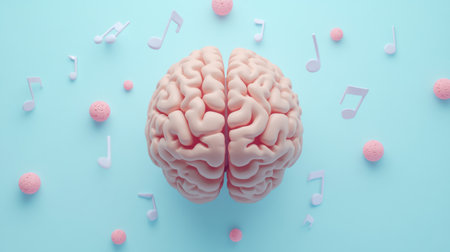 A human brain is surrounded by floating musical notes and pastel pink elements, showing the relationship between music and cognition.の素材
