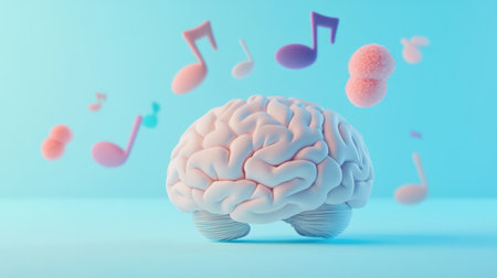 A colorful representation featuring a human brain with vibrant musical notes floating above it, set on a soft pastel blue background.の素材