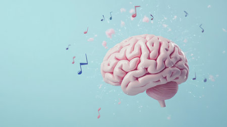 A brain is depicted with colorful musical notes floating around it, symbolizing the connection between music and cognitive functions.の素材