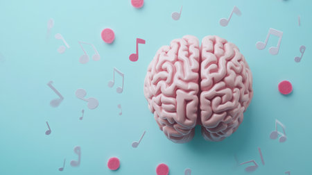 The vibrant human brain displays intricate details while music notes float around, emphasizing the connection between music and thought.の素材