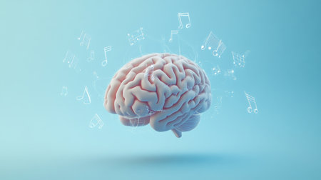The human brain is surrounded by musical notes, illustrating the relationship between music and cognitive functions in a serene blue setting.の素材