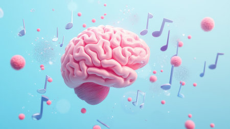 This visual conveys the relationship between the human brain and music, set against a calming pastel blue backdrop filled with notes.の素材