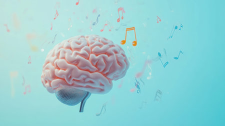 The image features a human brain immersed in vibrant musical notes and melodies against a calming pastel blue backdrop, representing creativity.の素材