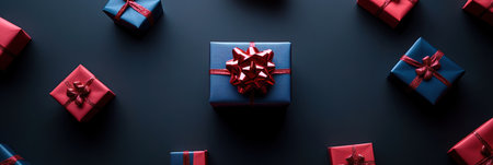 Brightly colored gift boxes with glossy bows are artistically arranged on a dark surface, adding a festive touch to any celebration.の素材