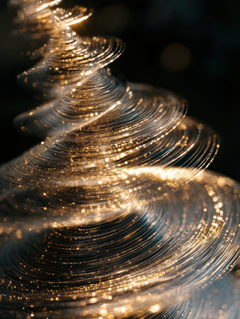 Golden and silver lines swirl together on a dark background, forming a striking silhouette of a Christmas tree shining brightly.の素材