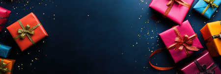 A variety of saturated gift boxes and shiny bows are arranged attractively, surrounded by sparkling glitter on a dark background.の素材