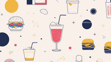 An array of illustrated drinks and burgers fills the minimalist background, capturing the essence of casual dining and tasty delights.の素材