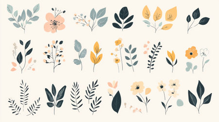 This artwork showcases a collection of minimalist doodles, highlighting leaves and flowers in a harmonious arrangement inspired by nature.の素材