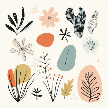 A collection of minimalist doodles showcases various leaves, flowers, and natural elements rendered in soft colors with simple, clean lines.の素材