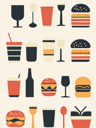 A vibrant display of various drinks and burgers arranged neatly, creating an inviting and playful dining vibe with a minimalist touch.の素材