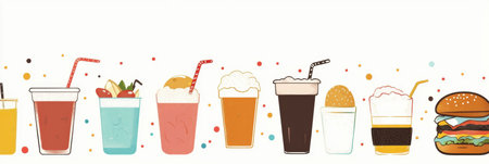 A lineup of refreshing drinks alongside a hearty burger creates a vibrant, inviting atmosphere for casual meals and celebrations.の素材