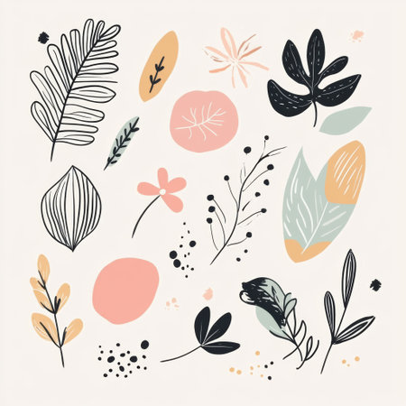 Colorful minimalist doodles showcase various leaves and flowers on a soft background, creating a fresh, inviting atmosphere in nature.の素材