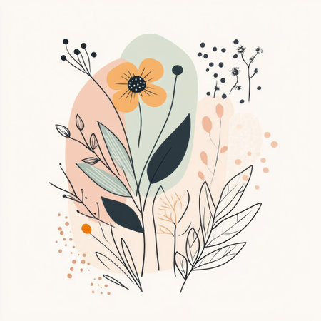 Doodles showcase various leaves and flowers, combining simple lines and shapes to create a serene and minimalist natural design.の素材