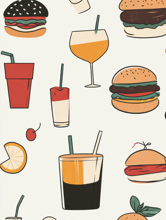 An array of vibrant drinks alongside delicious burgers creates a delightful atmosphere for a casual meal or gathering.の素材
