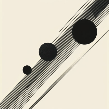 This artwork presents minimalistic black diagonal lines intersecting with circles of different sizes on a light backdrop.の素材