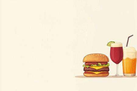 Savor delicious burgers paired with vibrant drinks set on a simple background perfect for a casual dining atmosphere.の素材