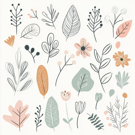 Delicate doodles of various leaves and flowers display a harmonious blend of nature elements, inspiring creativity and tranquility.の素材