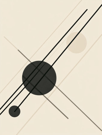 Black diagonal lines intersect a soft background, creating a striking contrast with circles of different sizes enhancing the modern aesthetic.の素材