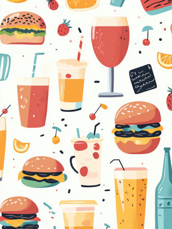 A colorful array of burgers and drinks is arranged on a simple background, creating an inviting atmosphere for snack lovers.の素材