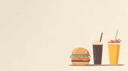 Savor classic burgers alongside refreshing drinks, creating a delightful dining experience in a minimalist setting.の素材